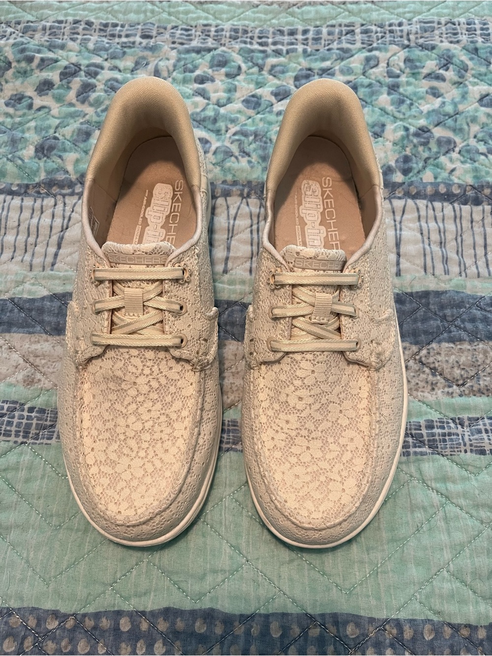 Skechers Cream Lace-Textured Slip-On Sneakers